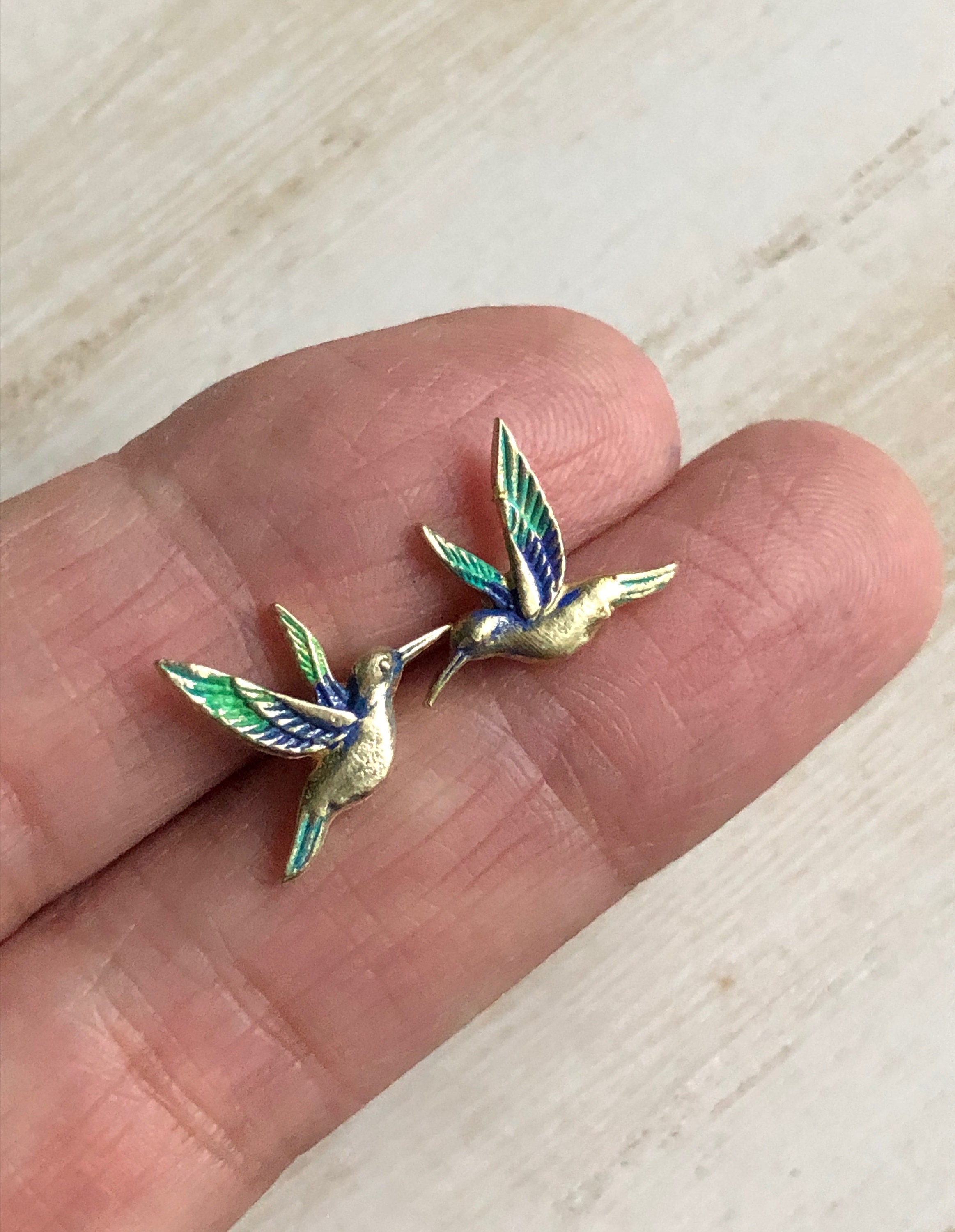 Hummingbird Stud Earrings, Hand Painted Hummingbird Earrings, Gold Hummingbird Earrings, Bird Stud Earrings, Surgical Steel Posts