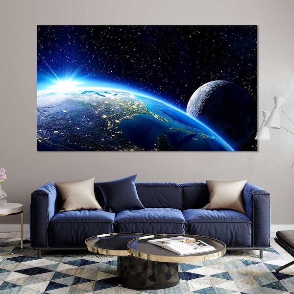 Earth & Moon Canvas Print – Cosmic Sunrise, Outer Space Wall Art
