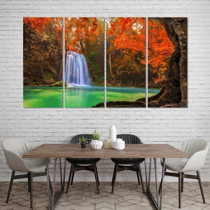 Print Canvas Sets Waterfall, Painting Autumn Forest Modern Design Room Wall Art, Waterfalls Canvas Wall Decor, Autumn Landscape Artwork