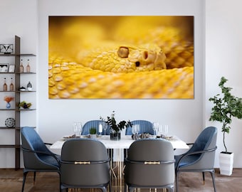 May include: A close-up of a yellow snake's head and body, coiled and resting. The snake's eye is visible, with a dark pupil and a yellow iris. The scales are textured and detailed, creating a striking image.