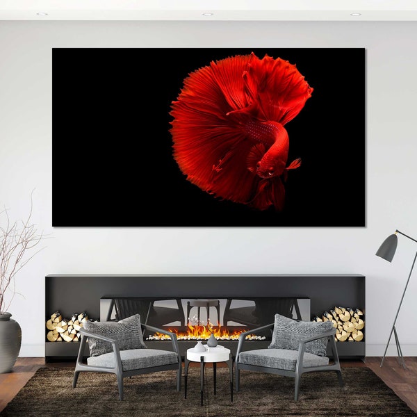 Red Fish of Black Background Original Wall Decor, Underwater World Printing Art on Canvas, Aquarium Canvas Artwork for Bathrooms