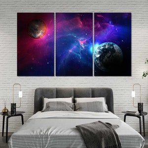 Colorful with Planets Painting Art Canvas, Space Trendy Wall Design Art, Cosmos Printing Canvas Sets, Stars Sky Drawing Decor Wall