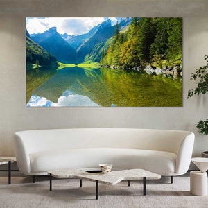 Scenery with Lake Photo Print on Canvas, Big Mountains Reflection in Lake Large Wall Decor, Mountains Pictures Art Wall