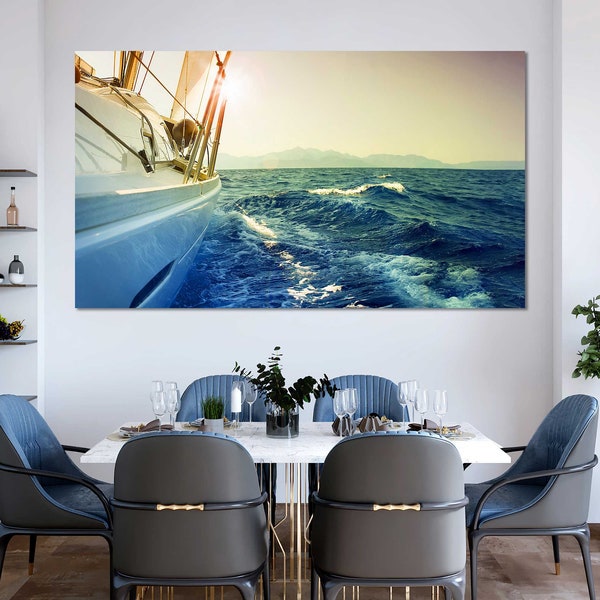 Sunny Light over Yacht Stylish Decor for Room, Boat on water Print Photo on Canvas, Seascape Painting Decor, Sea Wave Creative Art