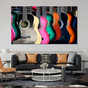 Colorful Guitars Photo Art on Canvas, Guitars Design Decor for Room, Musical Instruments Modern Artwork for Music Studio, Classical Guitars