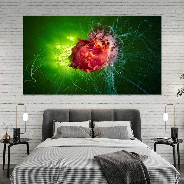 Best Red Jellyfish on Green Background Printing Art on Canvas Red Jellyfish Art Canvas Sets Underwater Life Modish Decor for Room