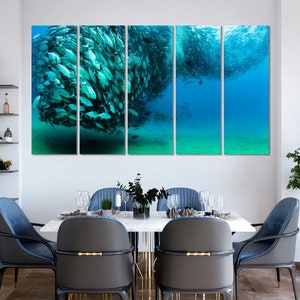 School of fish Modern Art Wall, Fishes Underwater Pictures Art on Canvas, Aquarium Original Decor for Room, Underwater Life Decor