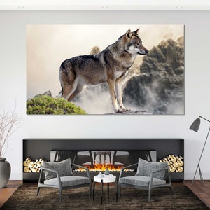Wolf in Mountains Original Art Decor for Home, Wolf Animal Painting Canvas Art, Wolf Image Print Art, Wild Animals Modern Artwork