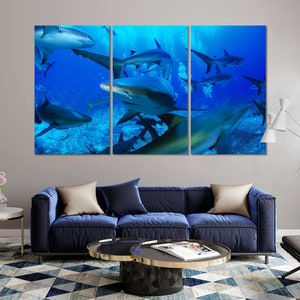 Arte subaquática de tubarões para casa, arte de fotos de tubarões em tela, decoração de impressão de aquário para sala, decoração de arte moderna de predadores, arte de tubarões