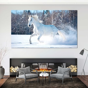 White Horse Running on Snow Fashion Art for Wall, White Horse Painting Wall Decor, White Horse Cool Artwork for Room