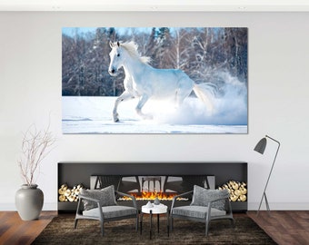 Horse Painting Canvas Wall Art, White Horse Running in Snow
