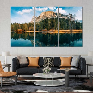 Landscape Art on Canvas, Lake Painting Decor for Home, Mountains Pictures Art Wall, Green Forest Printing on Canvas, Nature Decor