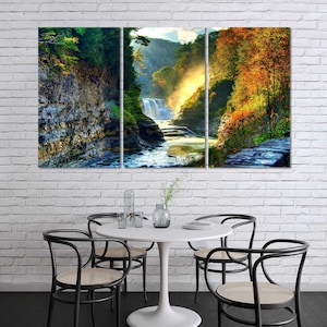Nature Print on Canvas, Painting Waterfall Art for Design Room, Landscape with Waterfall Large Decor, Summer Landscape Popular Art