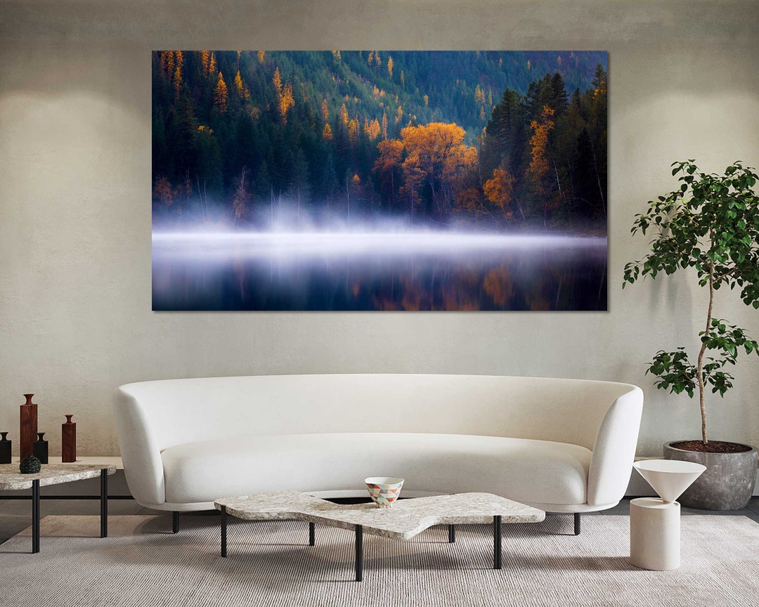 Foggy Forest Art on Canvas, Colorful Forest and Lake Large Framed Wall ...