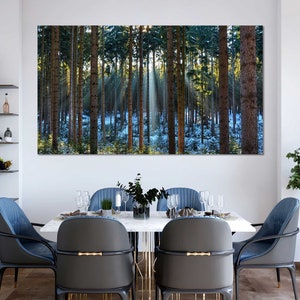 Wald bei Sonnenlicht Druck Leinwand Sets, Morgen Winter Wald Gemälde Dekor für Zimmer, frostige Tannen Wandkunst, Kiefern Bäume Sonnenaufgang