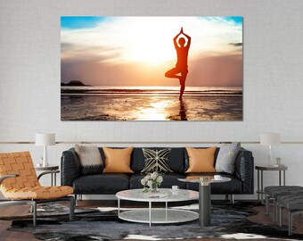 Sunrise Beach Yoga Print – Meditation Pose, Spiritual Canvas Art