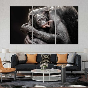 Cub Monkey with Mom Monkey Original Large Art for Wall Monkey Family Printing Art on Canvas Baby Hugs Monkey Modern Home Artwork