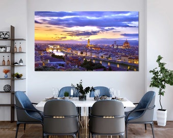 Stampa su tela con paesaggio urbano di Firenze al tramonto in Toscana.