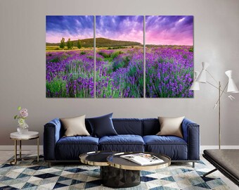 May include: A three-panel canvas print depicting a field of purple lavender flowers under a pink and purple sunset sky.