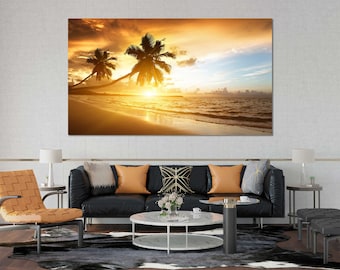 Beach Wall Art Tropical Sunset Canvas with Palm Trees, Ready to Hang