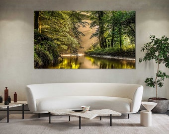 Sunlit Forest River Photography Print – Tranquil Nature Wall Art