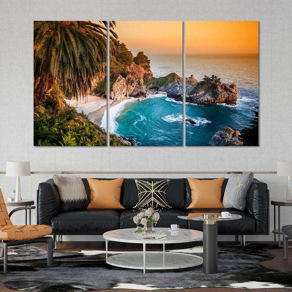 Julia Pfeiffer Burns State Park Design Art, Pacific Ocean Big Wall Art, Beach at Sunset Modern Wall Decor, Coast Print Canvas