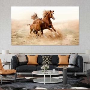 Running Horses Print Art on Canvas in Wood Frame, Brown Horses Gallop Pictures for Wall Decor, Horses Artwork for Room, Cute Animals Decor