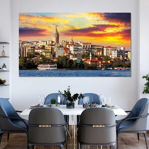 Istanbul Evening Cityscape, Istanbul  Modern Colorful Art for Wall, Istanbul Architecture Large Framed Canvas Decor, Turkey Art