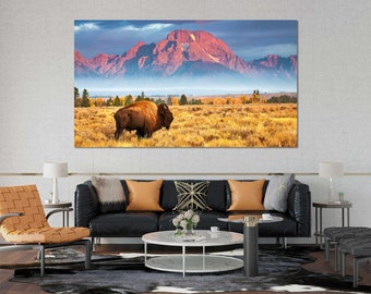 Bison Modern Wall Art Decor Grand Teton National Park Pictures on Canvas Buffalo Print Canvas Decor American Bison Art Large Wall Decor