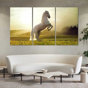 White Horse at Sunlight Print Canvas, White Horse Design Art for Interior, White Horse Modern Artwork for Home, Landscape Painting