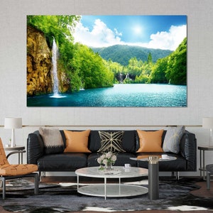 Waterfall Wall Art for Home, Landscape Large Pictures on Canvas, Big Lake Paintings Arts Decor, Rocks Large Wall Decor