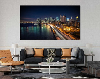 Brooklyn Bridge Canvas Print, New York City Night Wall Art for Bedroom Decor
