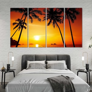Sunset in Tropical Island Canvas Decor for Bedroom, Palm Trees Print Canvas, Tropical Beach Painting Wall Art, Coast Artwork Decor