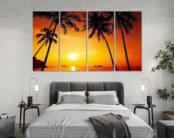 Tropical Sunset Canvas Wall Art with Palm Trees, Beach Decor Ready to Hang
