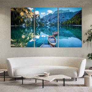 Wood Boats on Lake Braies Wall Decoration, Lago di Braies Scenery on Canvas, Italy Mountains Pictures Wall Art, Alps Mountains Art