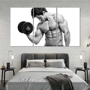 Bodybuilder with Dumbbells Fashion Black and White Wall Decor, GYM Design Art For Home, Motivation Art Print on Canvas, Athlete Artwork