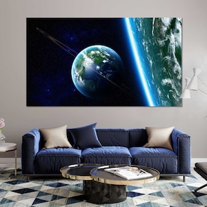 May include: A blue and green planet with a ring system in space. The planet is surrounded by a blue and white atmosphere. The image is a digital illustration.