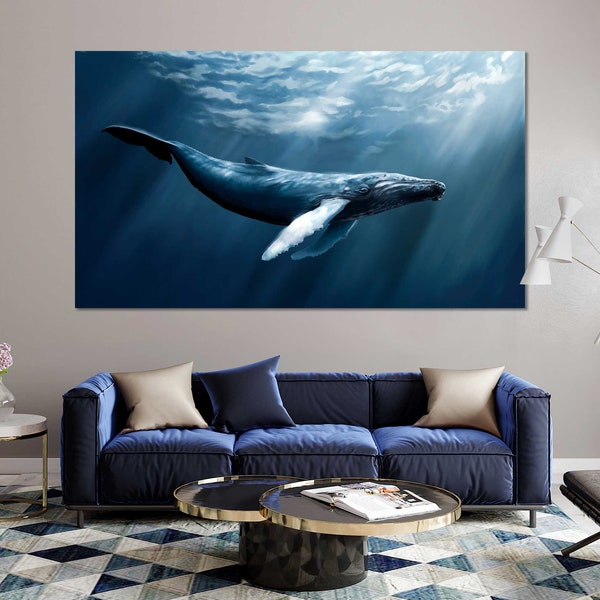 Big Blue Whale Original Art For Room Whale Modern Artwork on Canvas Whale Home Design Wall Decor Underwater Life Wall Art Set Whale Art