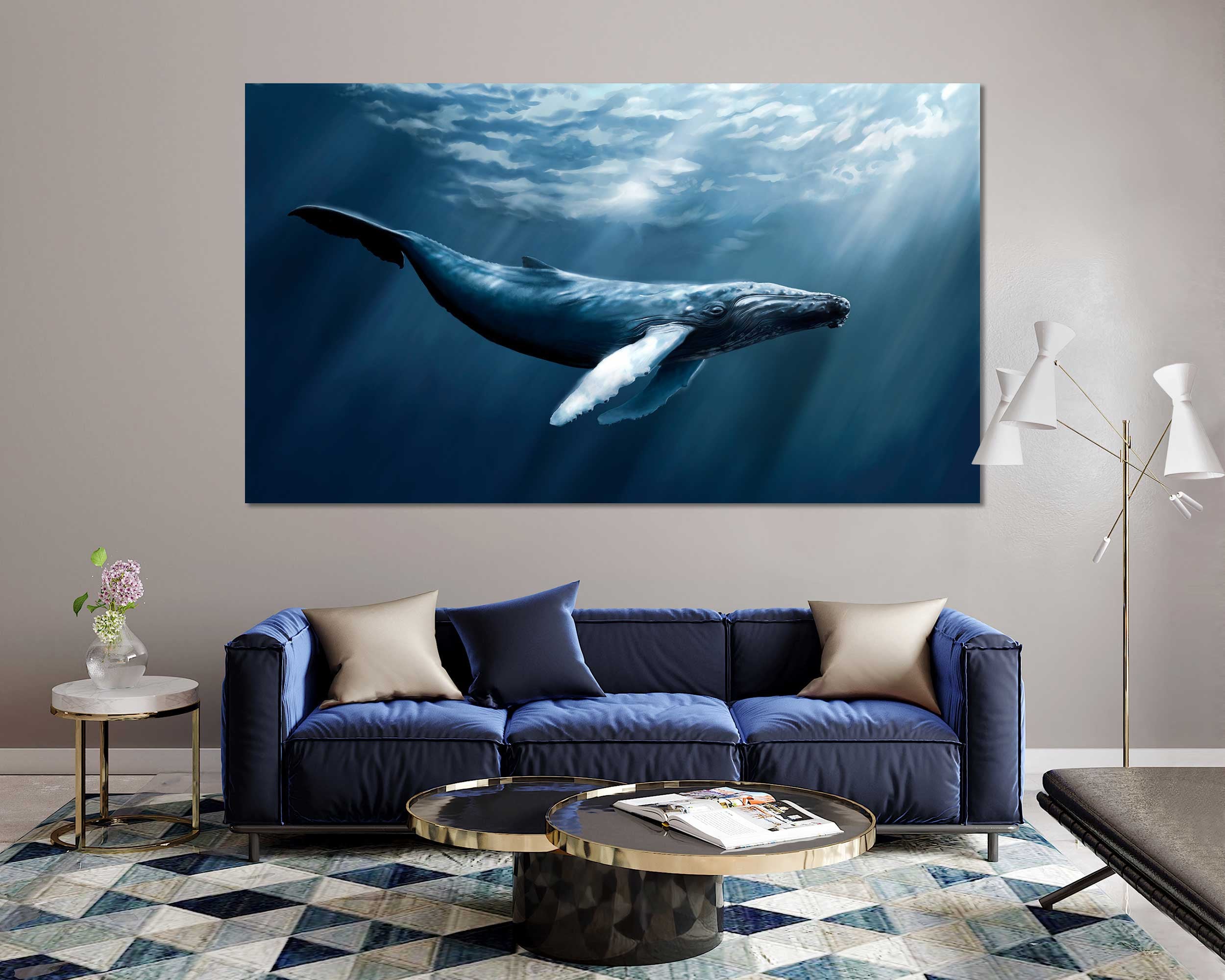 Big Blue Whale Original Art For Room Whale Modern Artwork on Canvas Whale Home Design Wall Decor Underwater Life Wall Art Set Whale Art