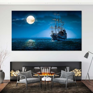 Vintage Ship in Night Sea Original Decor for Home, Moon Light Pictures Wall Decor, Seascape with Ship Modern Artwork, Old Ship Print Canvas