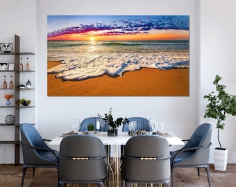 Cuadro decorativo de pared con diseño de puesta de sol en la playa, paisaje costero oceánico, listo para colgar.