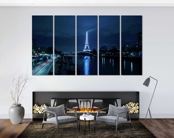 Paris Wall Art Gallery Wrapped Canvas, Eiffel Tower Night Skyline Set