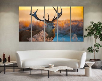 Gallery Wrapped Deer Sunset Forest Canvas Wall Art for Cabin Decor