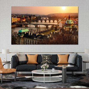 Prague City Pictures Decor, Bridges in Prague Paint Art for Wall, Prague at Sunset Wall Art, Czech Architecture Painting on Canvas