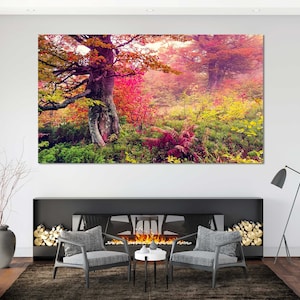 Colorful Autumn Forest Large Wall Decor, Landscape with Trees Home Wall Artwork, Color Woods Painting on Canvas Sets