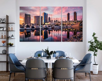 Cuadro decorativo de San Diego, impresión en lienzo enmarcada, horizonte nocturno, gran paisaje urbano.