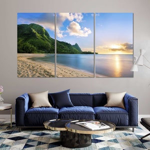 Beach in Hawaii Wall Decors for Bedroom, Coast Large Horizontal Wall Art, Landscape at Sunset Pictures on Canvas, Sunny Beach Art