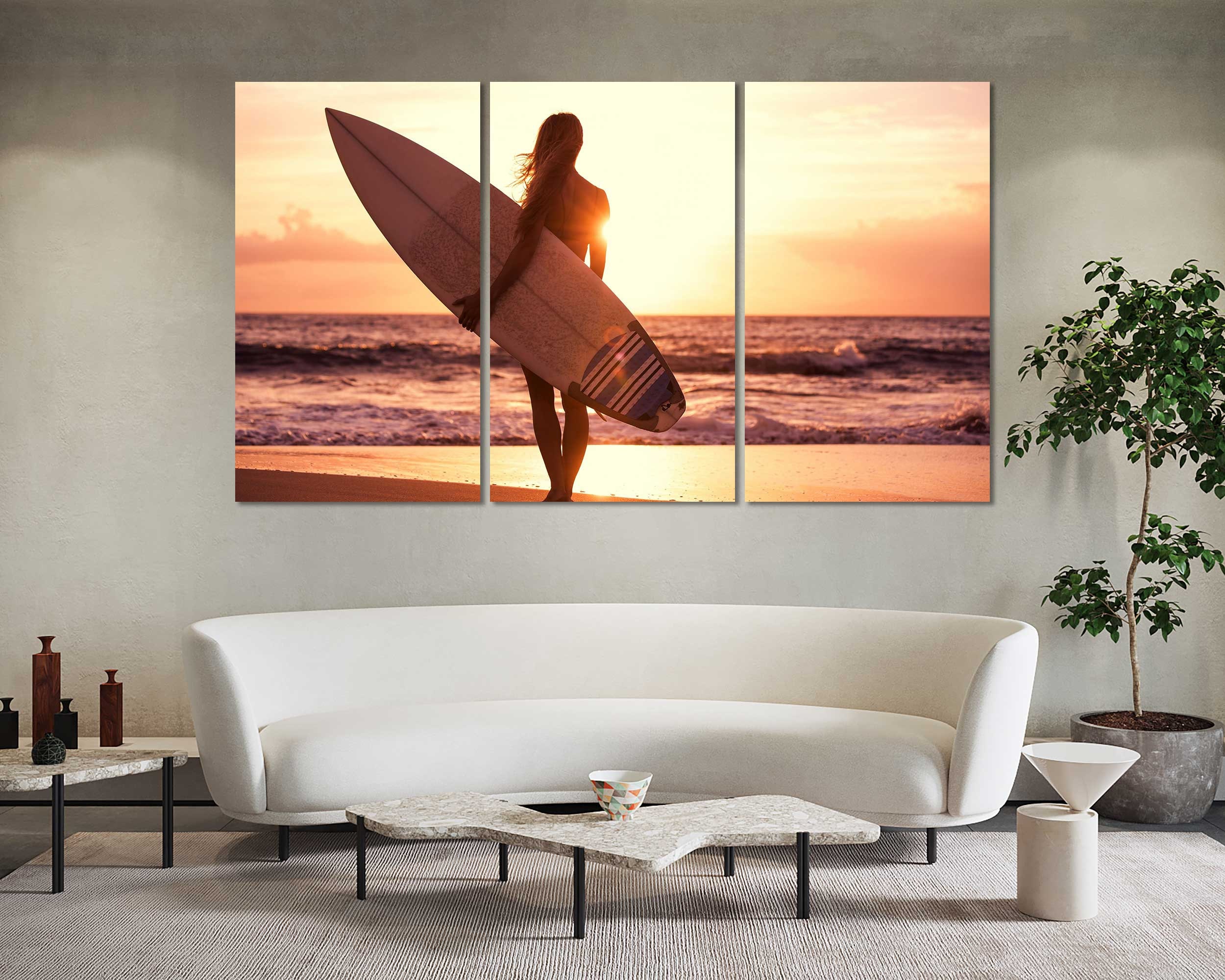 Framed Canvas Art (Champagne) - Surf Girl by LaLana Arts ( Sports > Surfing art) - 26x18 in