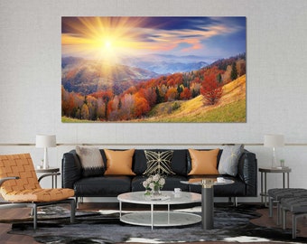 Morning Landscape Home Art, Colorful Autumn Forest Large Art Design, Mountains Landscape Printing Canvas, Nature Photo Print Decor