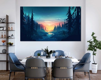 Forest Wall Art Sunset Landscape Canvas Print, Mountain River Decor for Living Room